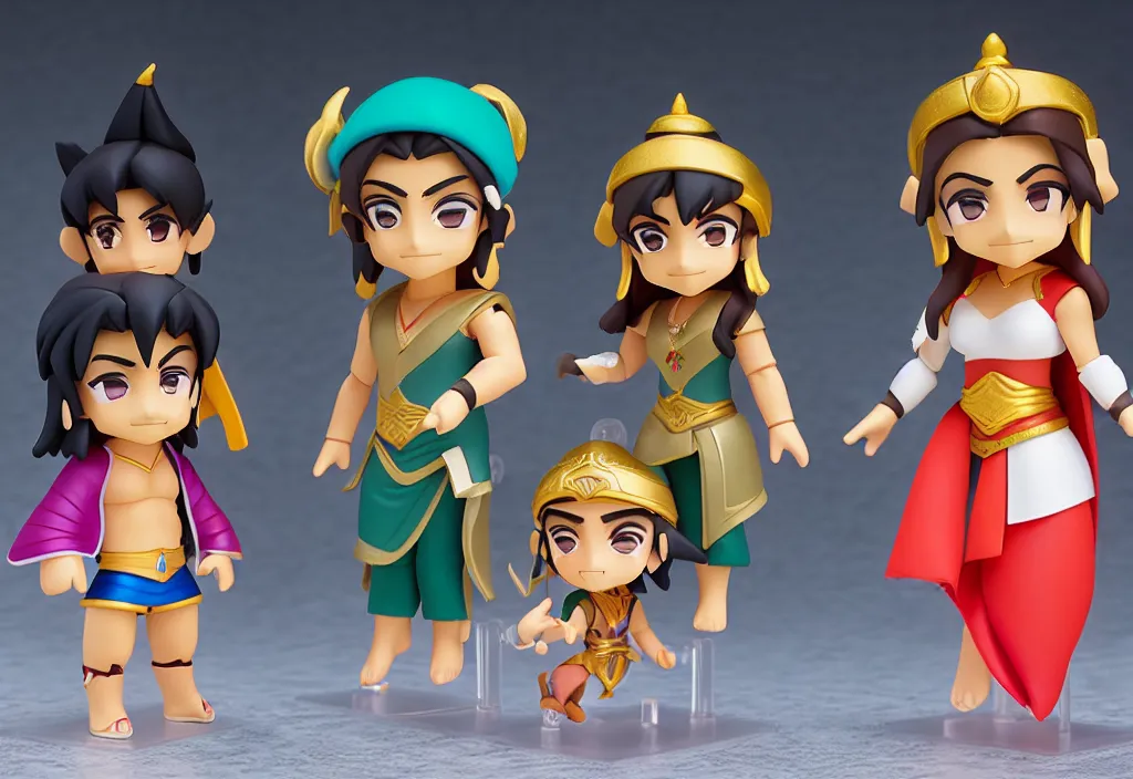 Image similar to side view of young aladdin, jaffar the sorcerer, jasmine the princess, and the genious of the lamp as nendoroid, 8 k hd dof, kodak film,