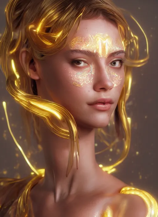 Prompt: glowwave girl portrait, gold detailed, mel from arcane, hyper detailed, 3 / 4 shot, digital art, trending in artstation, cinematic lighting, studio quality, smooth render, unreal engine 5 rendered, octane rendered, art style by klimt and nixeu and ian sprigger and wlop and krenz cushart, none crop, full face