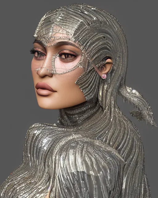 Prompt: a highly detailed metahuman 8 k close up render of kylie jenner renaissance in iris van herpen dress schiaparelli in diamonds crystals swarovski and jewelry iridescent in style of alphonse mucha gustav klimt trending on artstation made in unreal engine 4