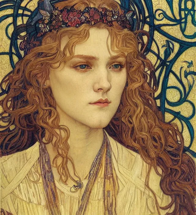 Image similar to detailed realistic beautiful young medieval queen face portrait by jean delville, alphonse mucha, vincent van gogh, and marco mazzoni, art nouveau, symbolist, visionary, gothic, pre - raphaelite