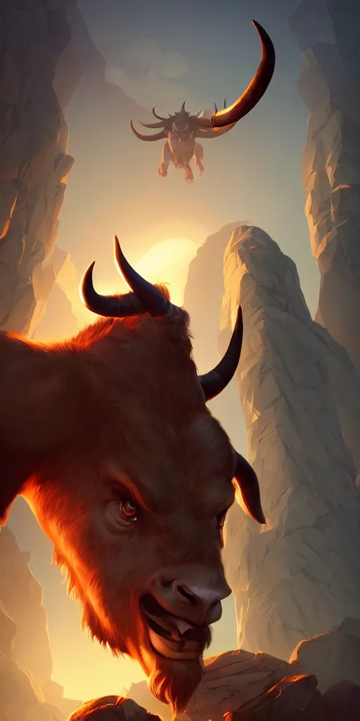 Image similar to portrait of a minotaur, an antropomorphic creature with a bull face, dark hair, mattepainting concept blizzard pixar maya engine on cold night stylized background splash comics global illumination lighting artstation lois van baarle, ilya kuvshinov, rossdraws