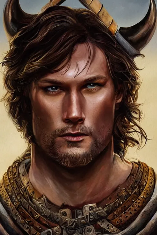 Image similar to book cover illustration style, front portrait of attractive sam winchester as a viking warrior, clothes torn apart, muscular chest tattooed with runes and symbols, d & d!, fantasy style, sharp focus!, ultra detailed, art by artgerm and peter andrew jones, wlop