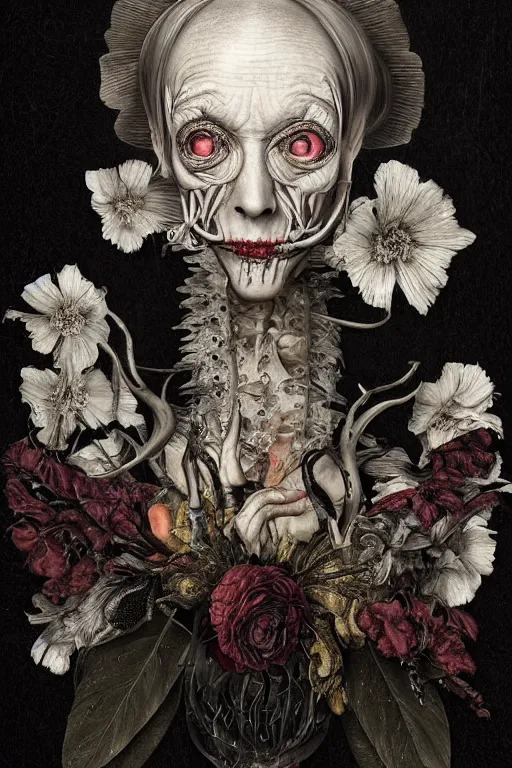 Image similar to Detailed maximalist portrait of a beautiful old woman with large lips and eyes, scared expression, botanical skeletal with extra flesh, HD mixed media, 3D collage, highly detailed and intricate, surreal illustration in the style of Caravaggio, dark art, baroque, centred in image