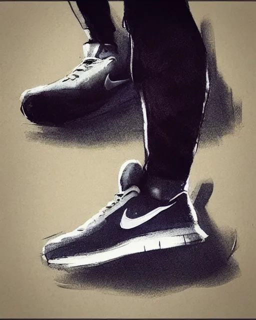 Image similar to “Medium shot of a character wearing Nikes in the style of Greg Rutkowski”