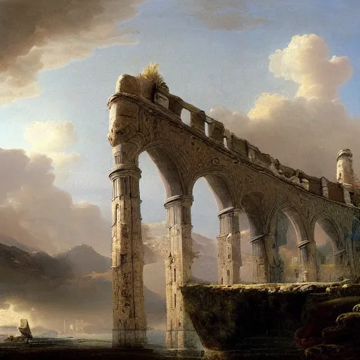 Image similar to digital fantasy of ruined with crystal openwork lace bridge aqueduct at mountain painting by hubert robert high resolution devianart detailed, dreamy, clouds, river