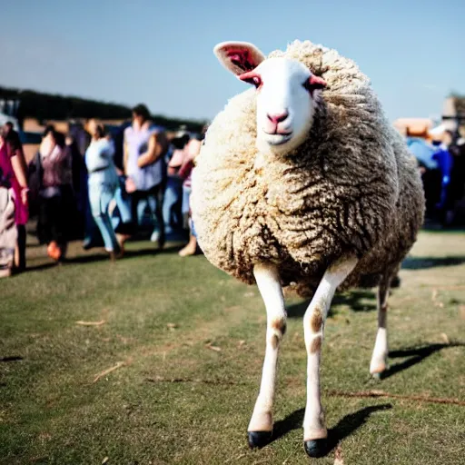 Prompt: a sheep walking in a pair of stilts carnival festival