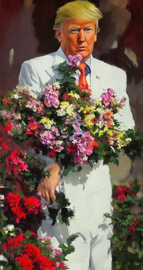 Image similar to romantic portrait of donald trump in an elegant dress surrounded by beautiful flowers, by gregory manchess, james gurney, james jean