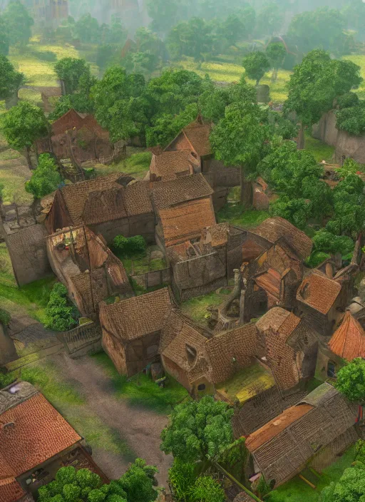 Image similar to subsurface scattering, medieval village in the middle of lush forest, as render from top mobile game, cinematic lighting, 8 k