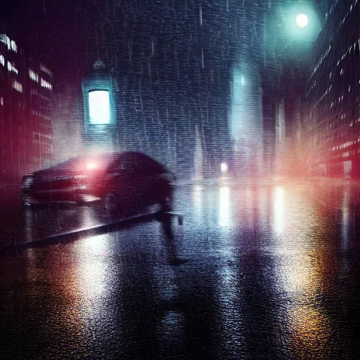 Image similar to photorealistic, hyperdetailed photograph portrait of robert downey junior, night, city, rain, dense fog, hd, 8 k resolution