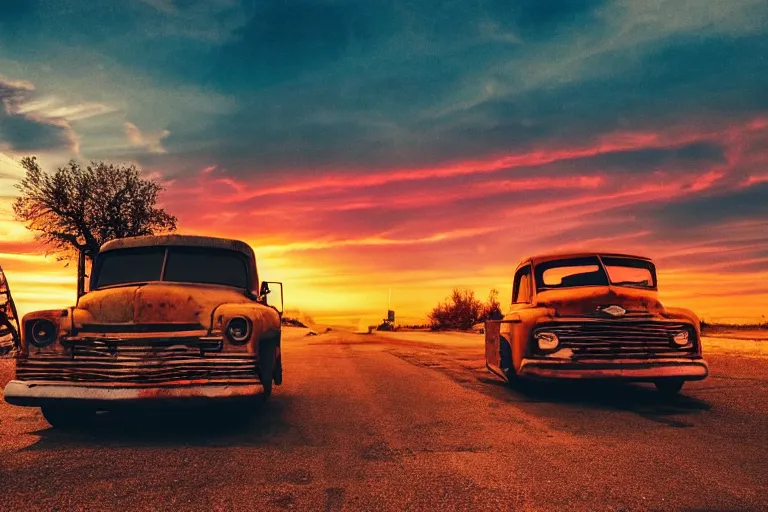 Image similar to a sunset light landscape with historical route 6 6, lots of sparkling details and sun ray ’ s, blinding backlight, smoke, volumetric lighting, colorful, octane, 3 5 mm, abandoned gas station, old rusty pickup - truck, beautiful epic colored reflections, very colorful heavenly, softlight