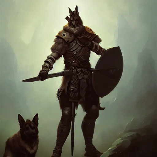 Image similar to anthropomorphic german shepherd warrior wielding a staff, dnd character art portrait, deviantart artstation, detailed matte fantasy painting, rendered in octane, cinematic lighting, by jason felix by peter mohrbacher by ross tran by brom