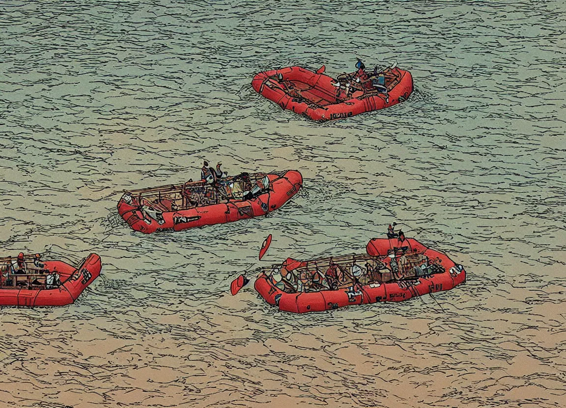 Image similar to a river raft floating down a river by moebius