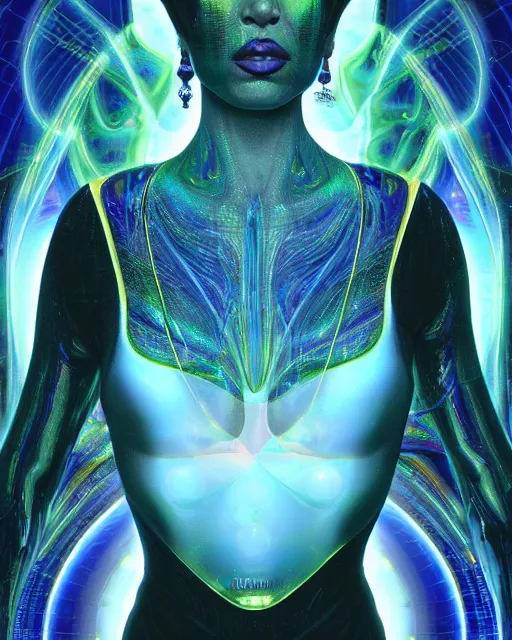 Image similar to a powerful energy psychedelic matrix latin woman, by alexander fedosav, hyper detailed digital matte painting, concept art, hyperrealism, 1 6 k resolution, cinema 4 d, 8 k resolution, trending on artstation, behance hd, a masterpiece, by stephan martiniere, particles, cel - shaded, power bright neon energy, by david a. hardy