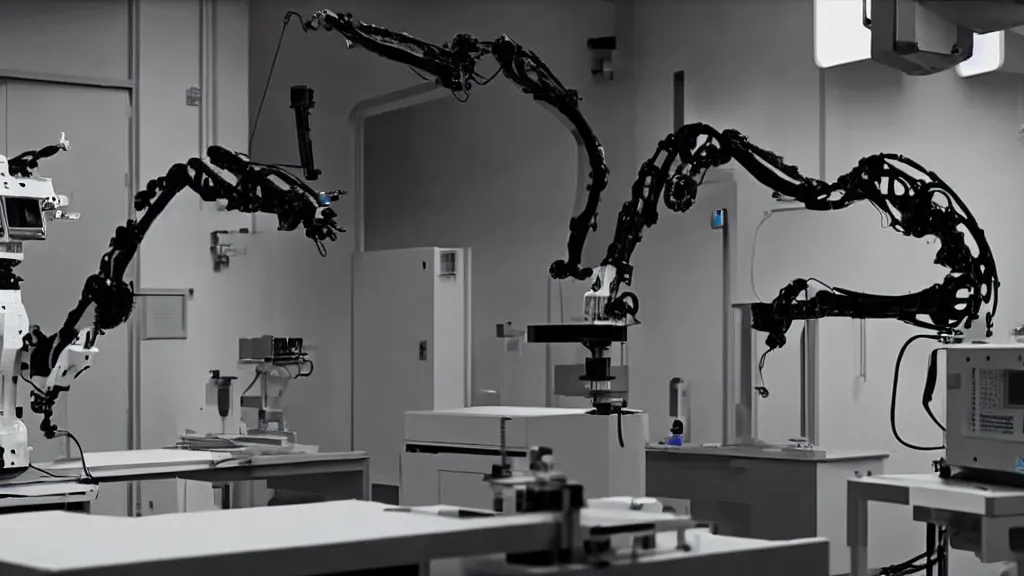 Image similar to a complex bifurcated robotic cnc surgical arm hybrid mri 3 d printer machine making black and white ceramic mutant forms in the laboratory inspection room, film still from the movie directed by denis villeneuve with art direction by salvador dali, wide lens