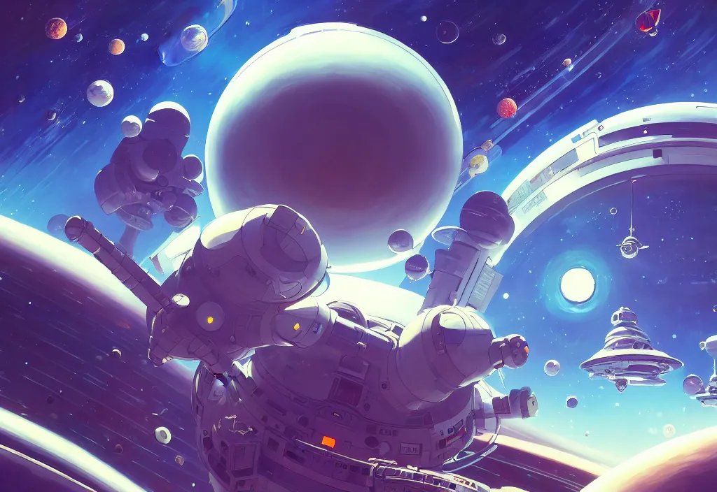 Image similar to a small chubby futuristic space station in space, planets in the background, intricate oil painting, high detail illustration, sharp high detail, manga and anime 1 9 9 9, official fanart behance hd artstation by jesper ejsing and makoto shinkai, 4 k,