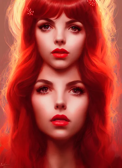 Prompt: portrait of lexi belle with bangs, 1 9 6 0 s, long hair, red hairband, bangs, intricate, elegant, glowing lights, highly detailed, digital painting, artstation, concept art, smooth, sharp focus, illustration, art by wlop, mars ravelo and greg rutkowski