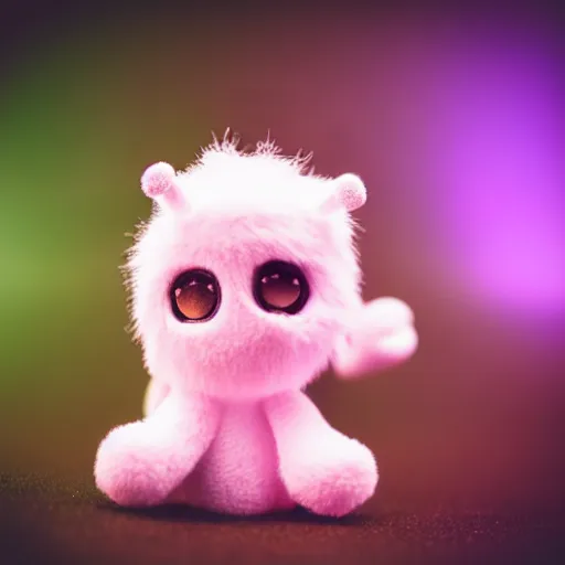 Image similar to lomography long shot of cute plush fluffy chthonic monster made to look like a baby, bokeh background, lsd colors