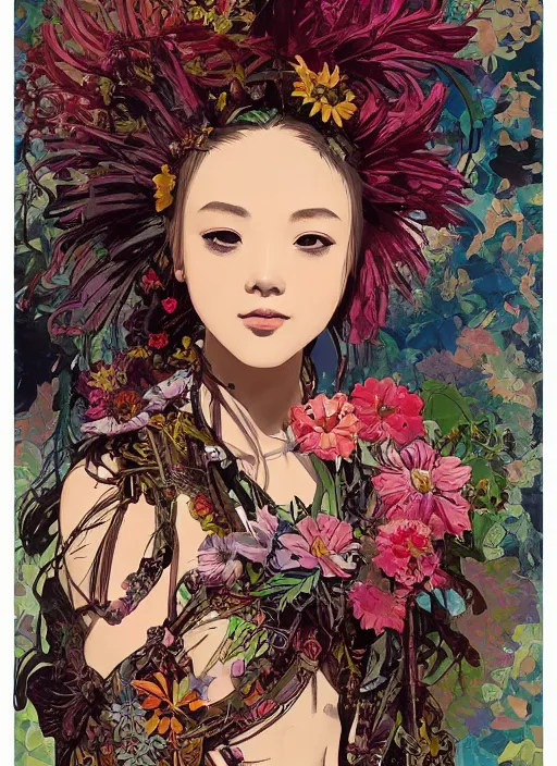 Image similar to !!! very coherent!!! oil painting, beautiful floralpunk iban cyborg portrait girl female illustration detailed patterns art of sarawak traditional dress, flower pop art, floral splash painting, art by ashley wood, alphonse mucha, makoto shinkai, geof darrow, dark shadow