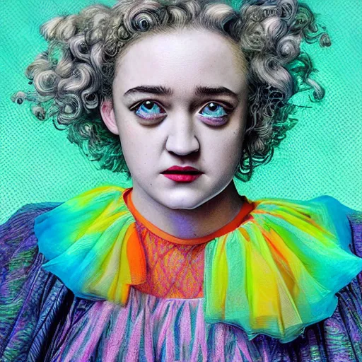 Image similar to surrealism psychedelic portrait sketch of julia garner as delirium of the endless in fishnet top and rainbow tutu skirt from the sandman, floating goldfish, green and blue eye heterochromia by alex ross, josh kirby, detailed, elegant, intricate