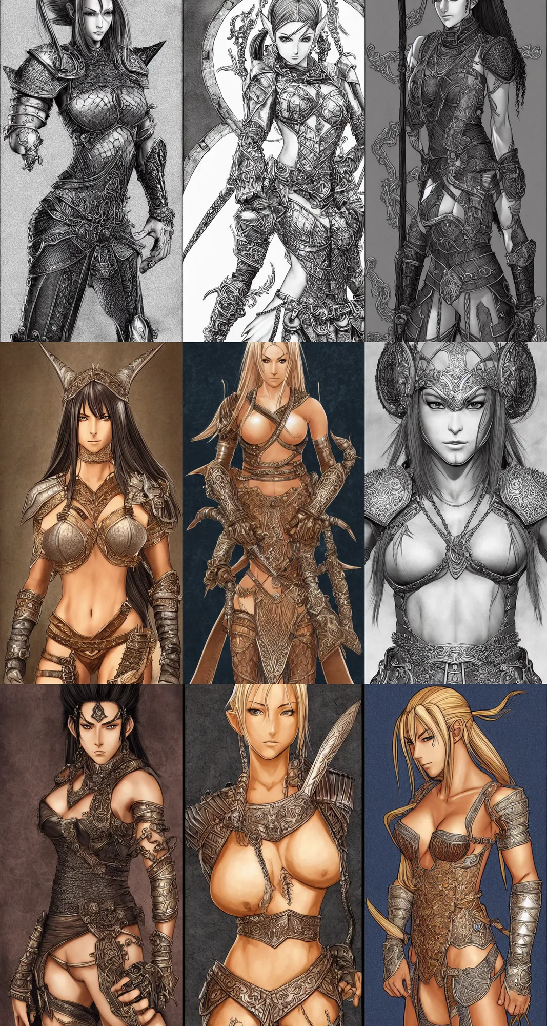 Image similar to alluring highly detailed manga full-length line art portrait of (1) Jaheira from Baldur's Gate 2 (beautiful half-elf, tan skin) in leather armor, very detailed, realistic, colorful