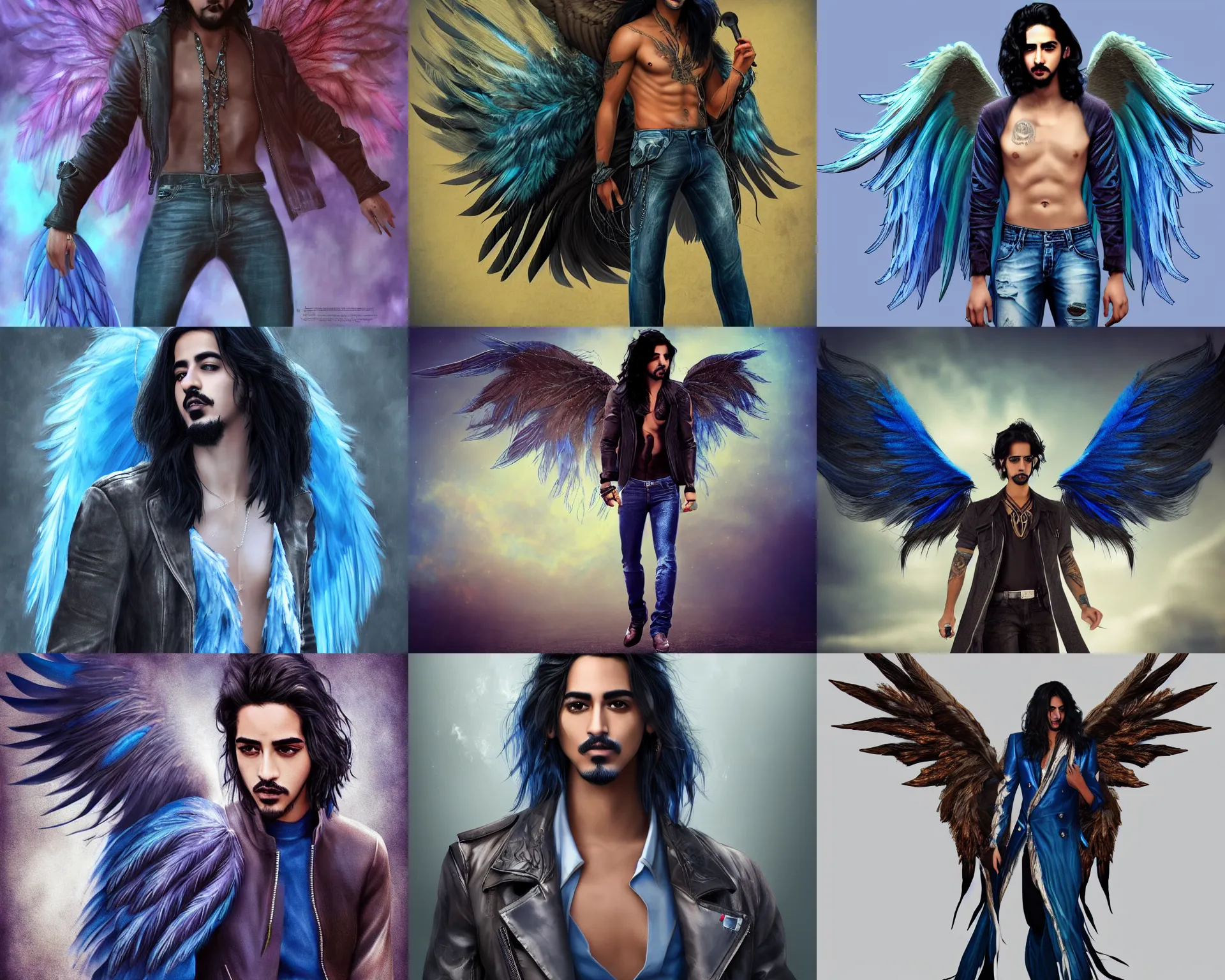 Prompt: male angel avan jogia with large wings. deep-blue feathers. jacket and jeans . Smooth brown skin. Long black hair. Distant full body shot. detailed urban fantasy digital art, trending on artstation