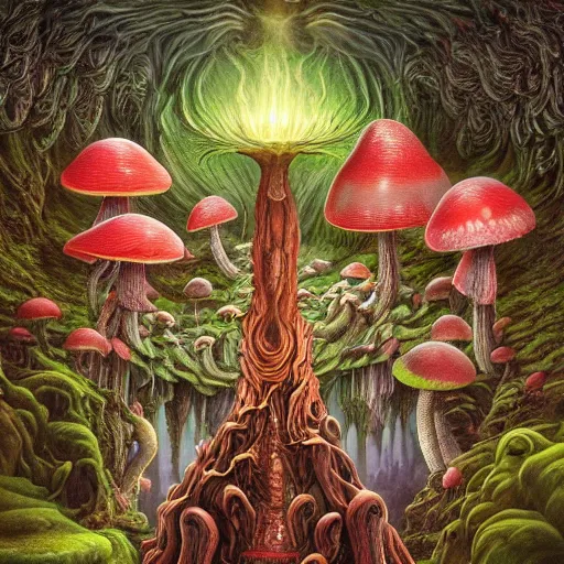 Prompt: Close up hyper detailed fantasy mushroom elf elves in the forest digital art, 4k, artstation deviantart concept art studio lighting by jacek yerka, alex gray, zdzisław beksiński, dariusz zawadzki, jeffrey smith and h.r. giger, oil on canvas, 8k highly professionally detailed, trending on artstation