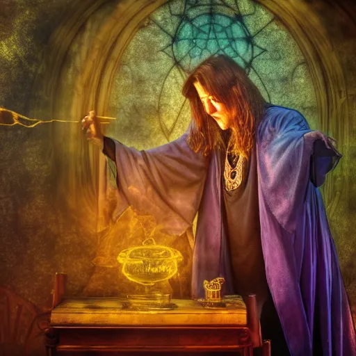 Image similar to a wizard is casting a magic spell, mystic, fantasy, magic, award winning photography, hdr, studio lighting medium close shot, mucha style,