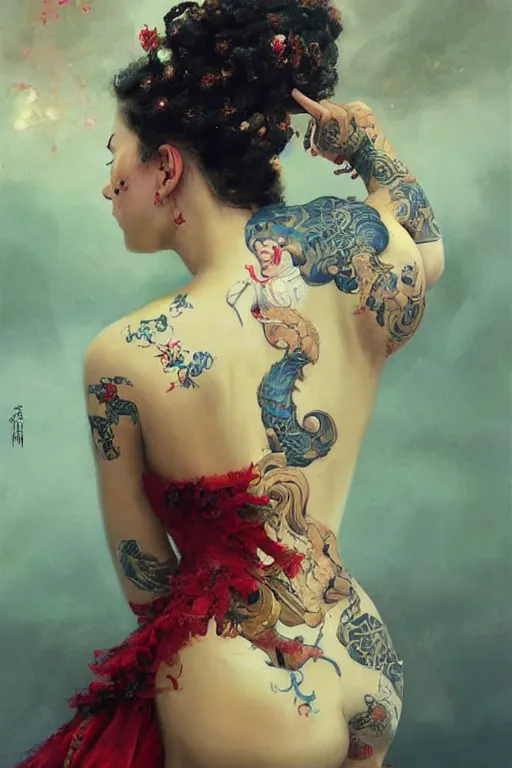 Image similar to an epic painting of a 1 9 years old girl figure on vacation, curly messy high bun hairstyle, whimsically designed oriental tattoos, subject wearing a gold and ruby alexander mcqueen medieval gown, flowing, ornate, beautiful, forbidden beauty, dramatic earth colors, with few fire red highlights, by jeremy mann and greg rutkowski, trending on artstation, oil on canvas