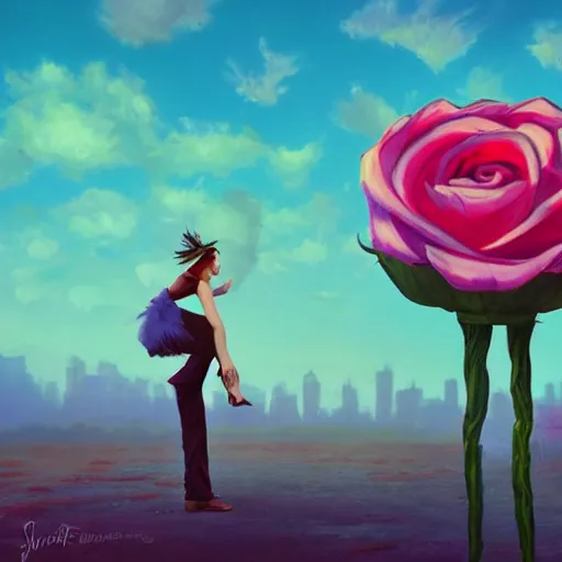 Image similar to portrait, giant rose flower head, girl dancing in a suit, surreal photography, sunrise, blue sky, dramatic light, impressionist painting, digital painting, artstation, simon stalenhag