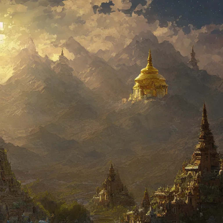 Image similar to a beautiful painting of the view from the river of the domes and towers of the ancient tibetan carved stone city, under the night sky with stars, intricate, elegant, highly detailed, digital painting, artstation, concept art, by krenz cushart and artem demura and alphonse mucha