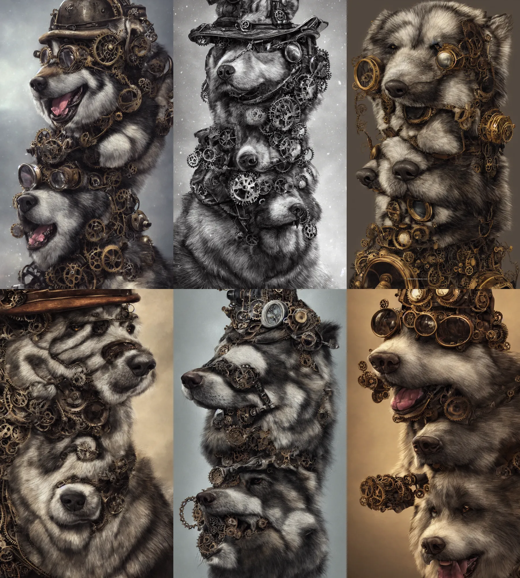 Image similar to Hyper realistic ultra-detailed portrait of alaskan malamute face, steampunk hat with goggles and gears, upper body, detective coat, sharp focus, illustration, fantasy style, octane render, volumetric lighting, 8k high definition, by greg rutkowski, highly detailed, trending on art station,