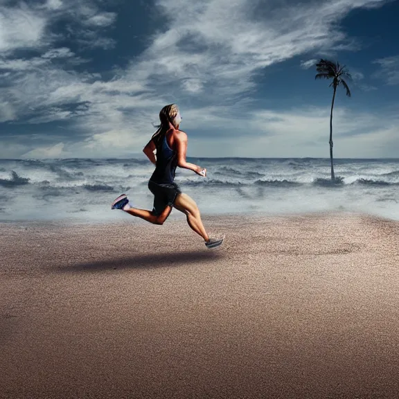 Image similar to jogger running on the beach, science fiction matte painting, highly detailed,