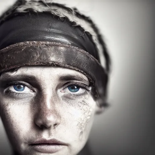 Image similar to Award Winning Portrait of a prehistoric weathered English Female with beautiful eyes wearing pelts and a leather headband by Lee Jeffries, 85mm ND 5, perfect lighting,