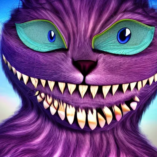 Prompt: the Cheshire cat smiling from a cloud he's sitting on in the sky high level of detail 8k style of LUKE BROWN
