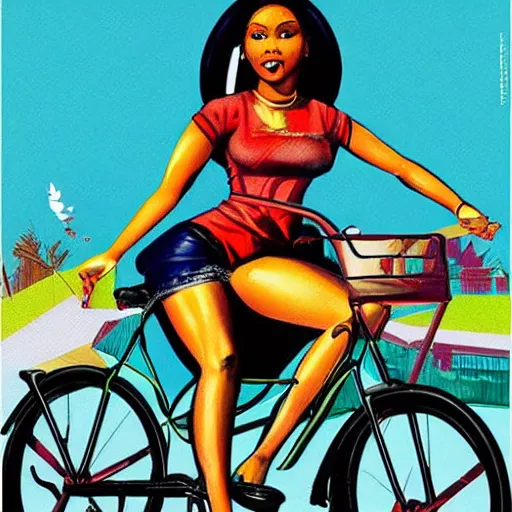 Image similar to portrait of nicki minaj riding a bicycle in summer, soviet propaganda poster, colored, artgerm, highly detailed