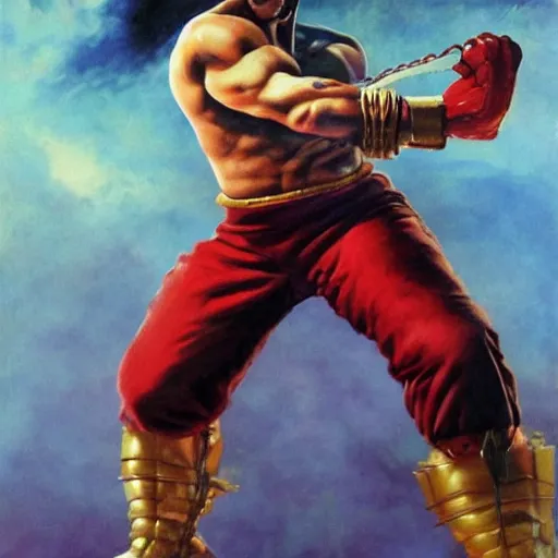 Image similar to ultra realistic freddy mercury as ryu from street fighter, painting by frank frazetta, 4 k, ultra realistic, highly detailed,