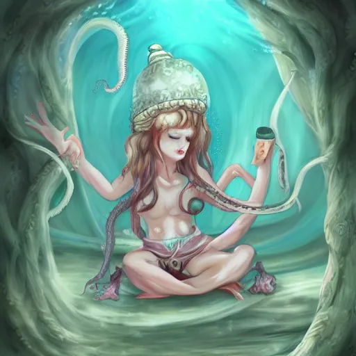 Image similar to octopus priestess in pajamas, underwater, fantasy, digital painting, pixiv