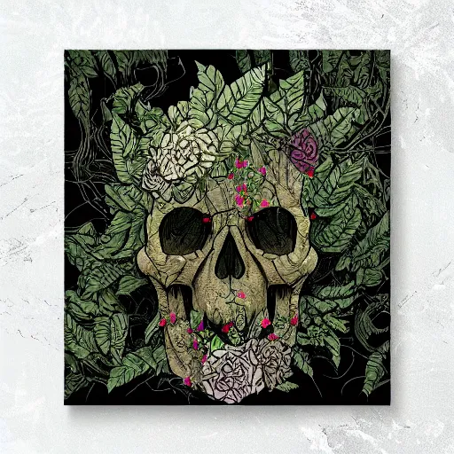 Prompt: overgrown skull inspired by René Laloux,Dan Mumford,twisted ivy vines,moss,flowers collage