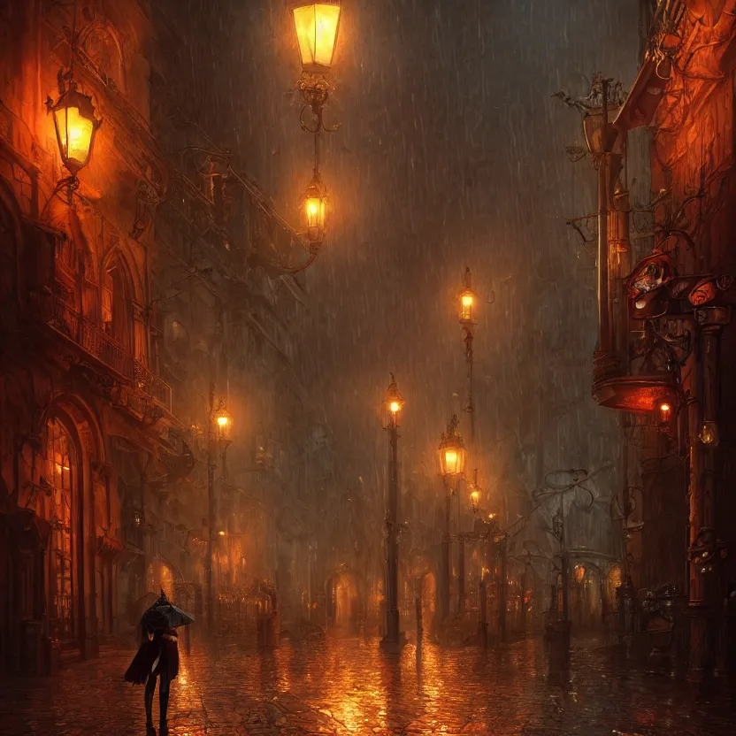 Image similar to Rain at night in a steampunk city, fantasy, medieval, vivid colrs, elegant, concept art, sharp focus, digital art, Hyper-realistic, 4K, Unreal Engine, Highly Detailed, HD, Dramatic Lighting by Brom, trending on Artstation