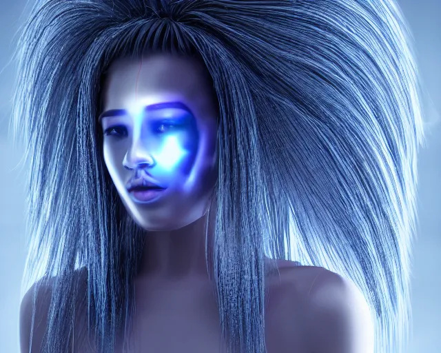 Image similar to cyberhair, complex cyberneticbeings, beautiful hairy cyberhumanoids, cybermagnetosphere, cybernetic ornate hair, love, joy, vortexes, large cyberarrays data holograms, 8 k, ultra hd, light shadows, wet hdr refractions, *, * * *, * * * * *