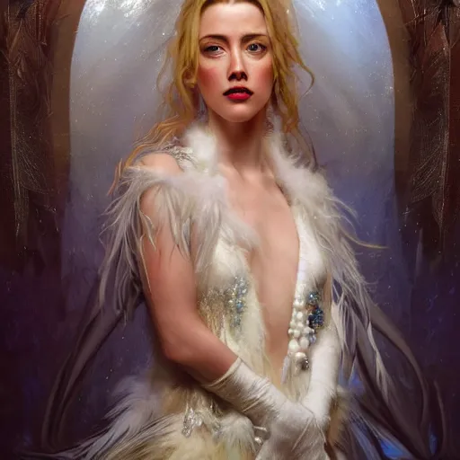 Image similar to hyperrealistic portrait of a woman as amber heard as the winter witch in throne room at night wearing white swan dress long feathers and sapphire jewellery by jeremy mann and alphonse mucha, fantasy art, photo realistic, dynamic lighting, artstation, poster, volumetric lighting, very detailed faces, 4 k, award winning