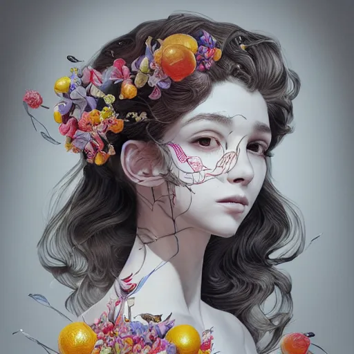 Image similar to the portrait of an absurdly beautiful, graceful, elegant, sophisticated, young girl made up of lemons, an ultrafine hyperdetailed illustration by kim jung gi, irakli nadar, intricate linework, bright colors, octopath traveler, final fantasy, unreal engine 5 highly rendered, global illumination, radiant light, detailed and intricate environment