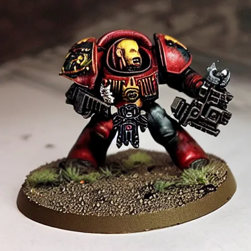 Image similar to space marine walking on human bloody dead bodies, shooting with heavy bolt rifle towards demons
