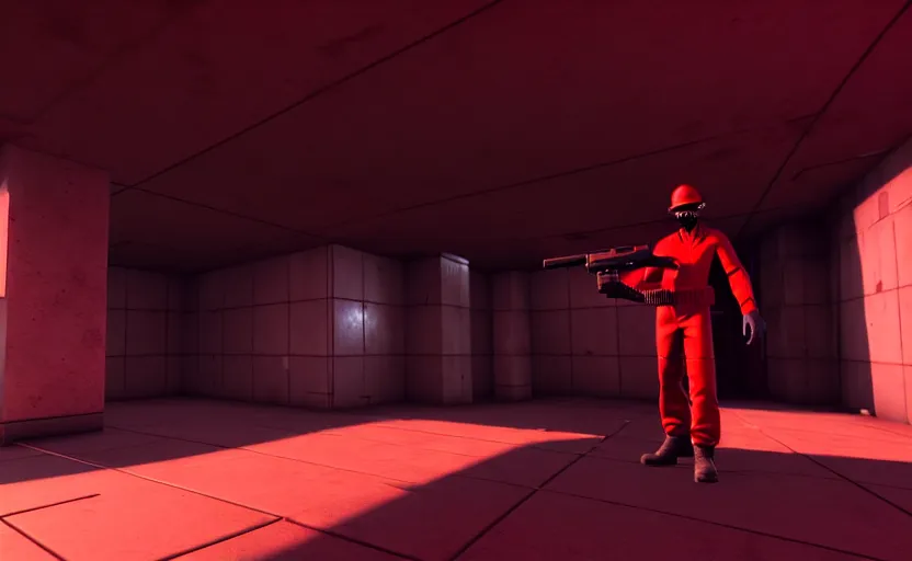 Image similar to in-game screenshot of a dark red hazmat scientist holding a gun walking on unreal engine 5, in a liminal underground garden, photorealistic, octane render, retrofuturism, brutalism, staggered terraces, minimalist