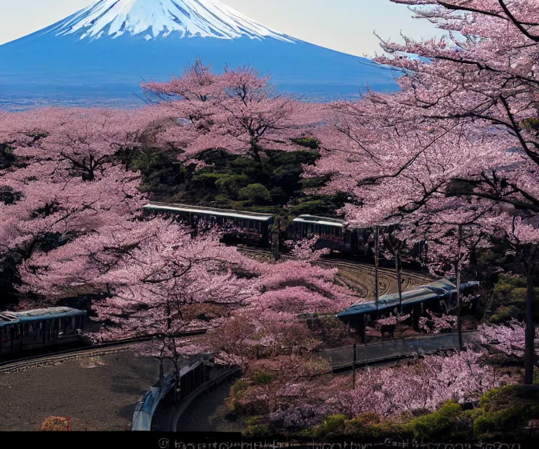 Image similar to mount fuji, japanese landscape with sakura trees, seen from a window of a train. beautiful! dlsr photo