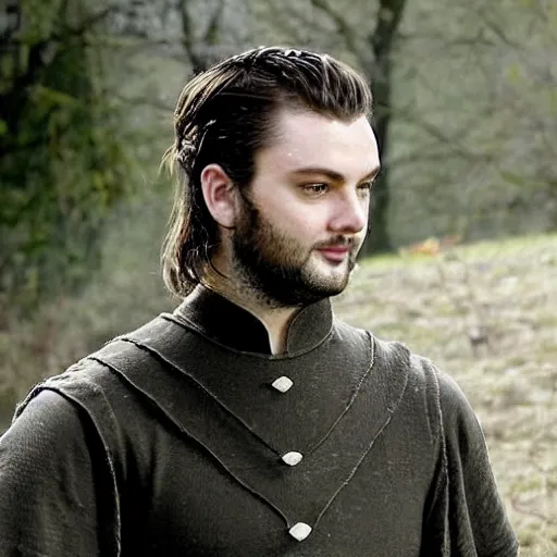 Prompt: Renly is a powerful man who is lean and lithe. He has a handsome, clean-shaven face and has an easy smile. He is tall and broad in the chest. He has fine, straight, thick hair black as jet and coal which falls to his shoulders, kept tied behind his head with a golden ribbon. He always keeps his hair clean and combed. He has laughing green eyes which match his armor.