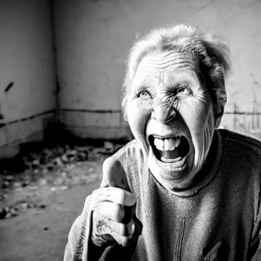 Image similar to scary old lady laughing in an abandoned prison, security camera, black and white, real