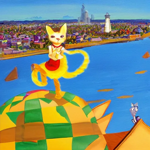 Image similar to Alice riding atop the Cheshire Cat, flying over Portland Maine, city skyline, highly detailed painting