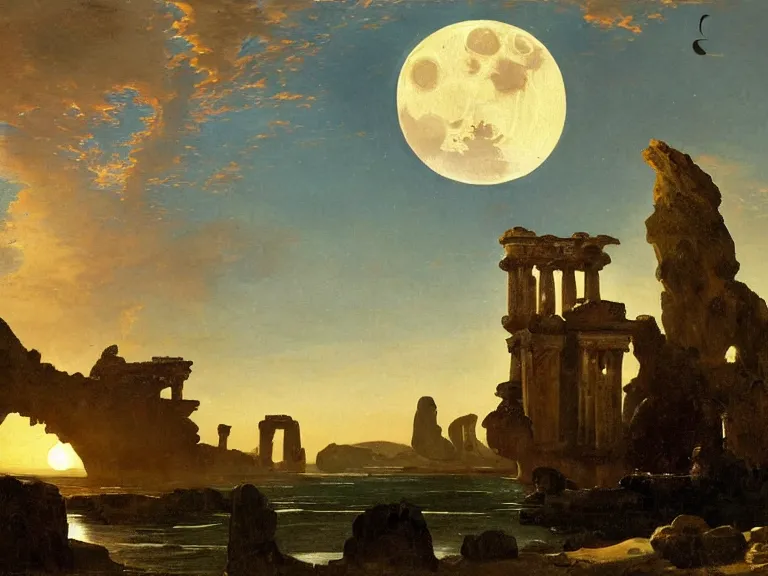 Prompt: an oil painting of a serene coastline on an alien planet at dawn with ancient temple ruin and bright moon in the sky by carl spitzweg and tuomas korpi. baroque elements, full-length view. baroque element. intricate artwork by caravaggio. Trending on artstation. 8k