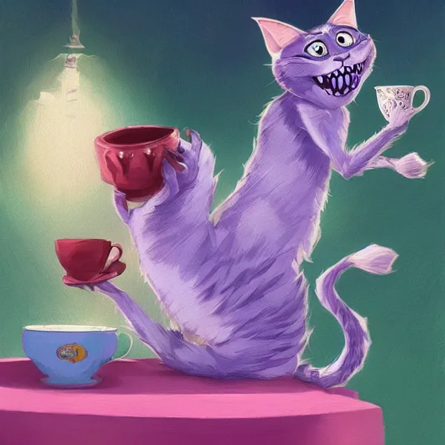 Image similar to cheshire cat drinking tea, by cory loftis, character art, art, very coherent, plain background, lighthearted, soft painting